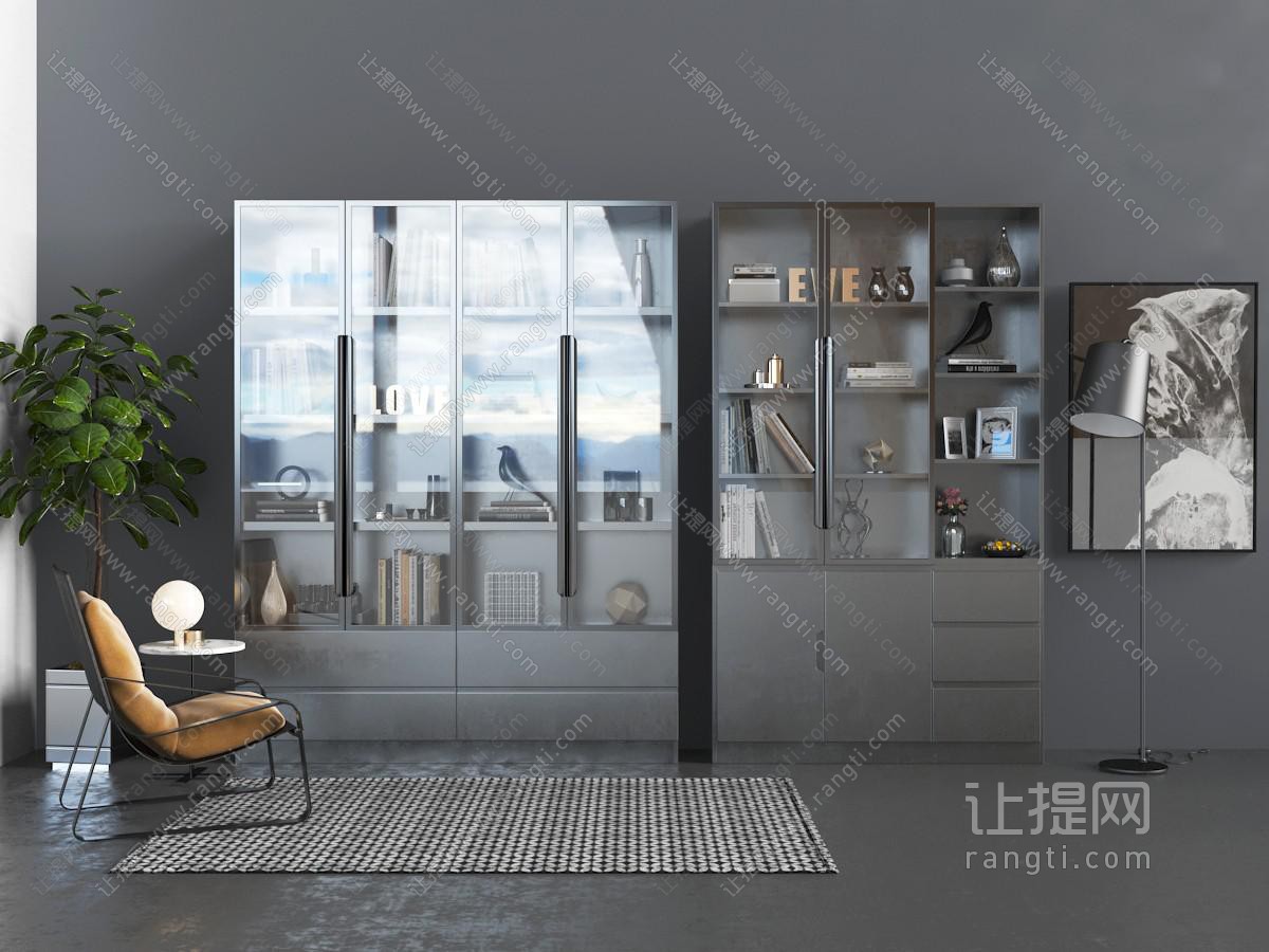 现代黑色玻璃柜门的装饰柜休闲椅子