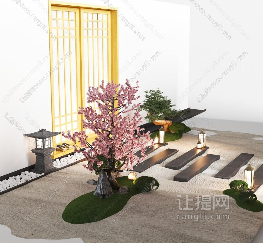 中式花树、石径景观小品