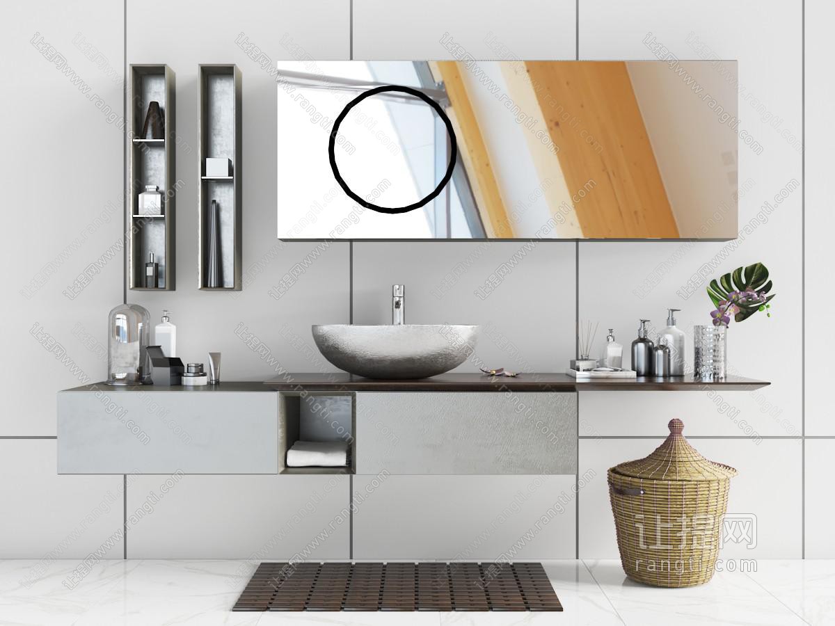 现代悬空固定的洗手台洗手盆浴室镜