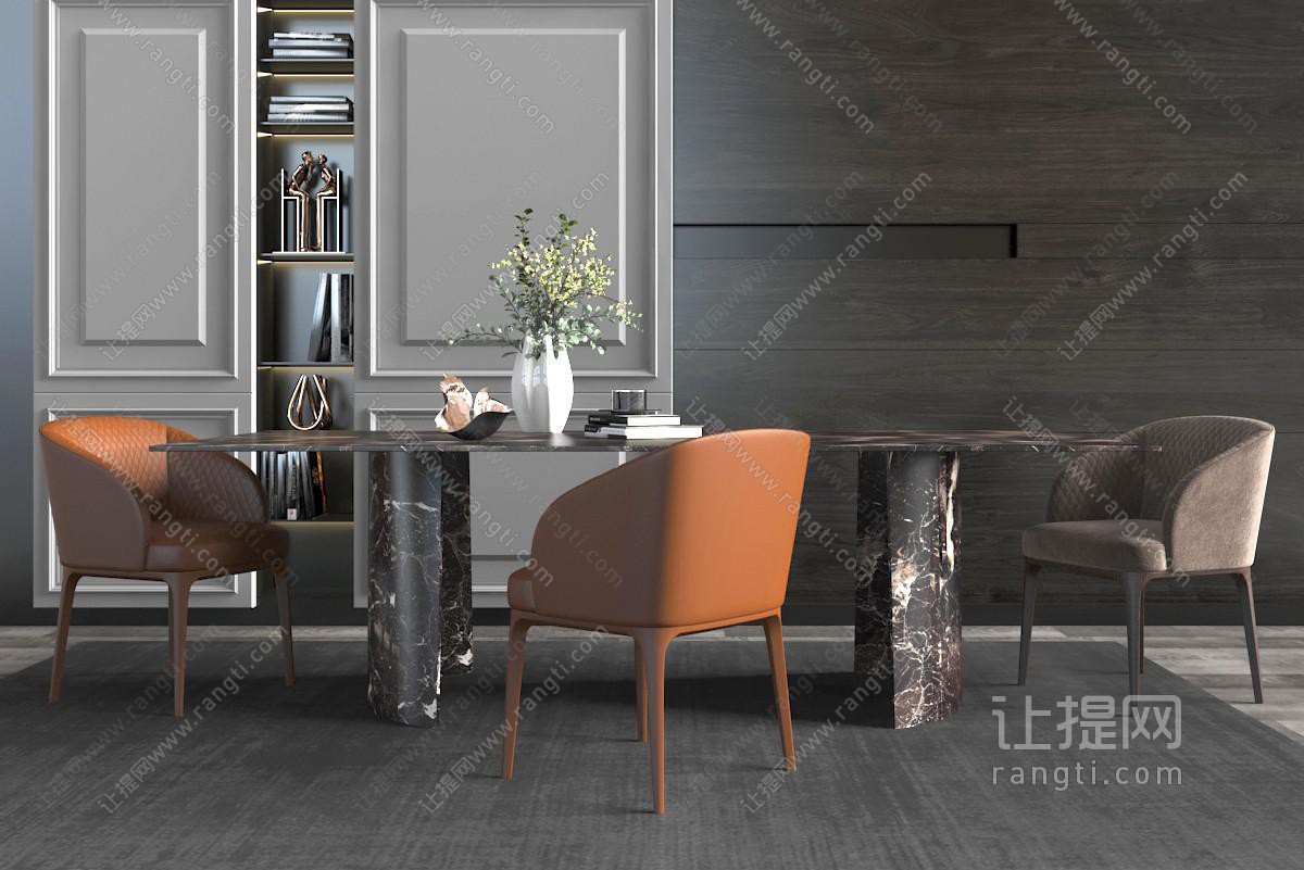现代咖啡色大理石长方形餐桌椅组合