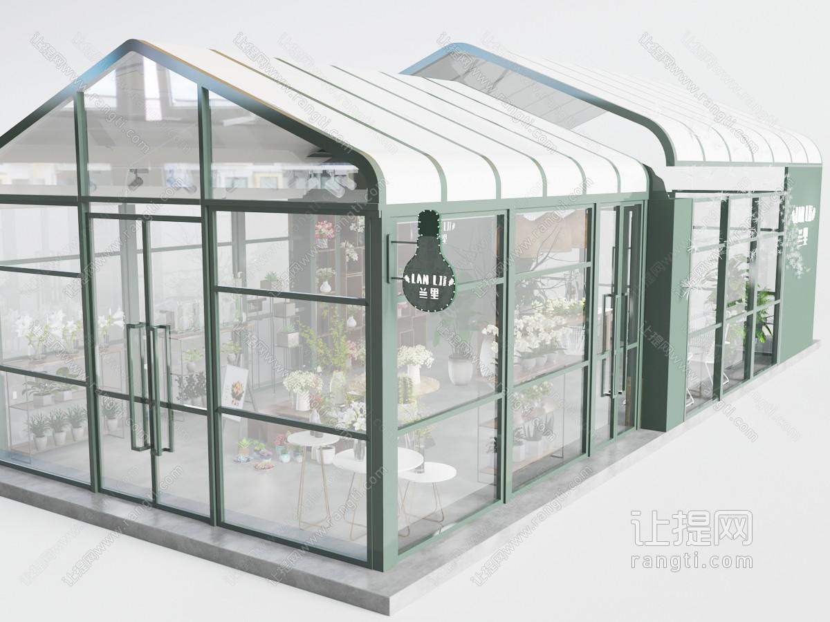 现代绿色框架的玻璃花房