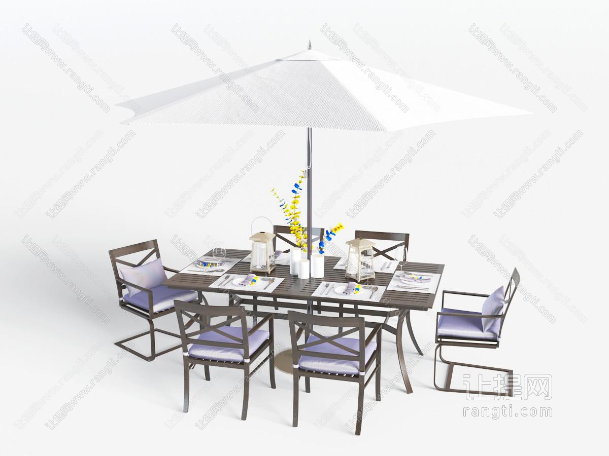 美式实木户外带遮阳伞的餐桌椅组合