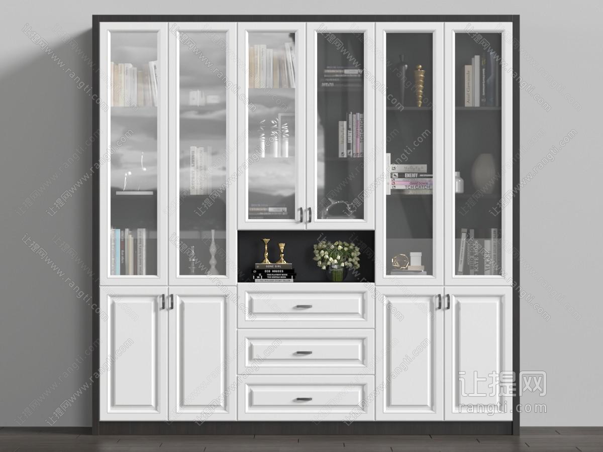 北欧白色玻璃柜门的装饰书柜
