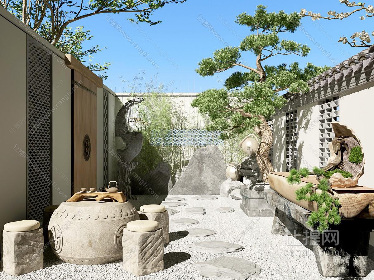 新中式花园阳台景观小品