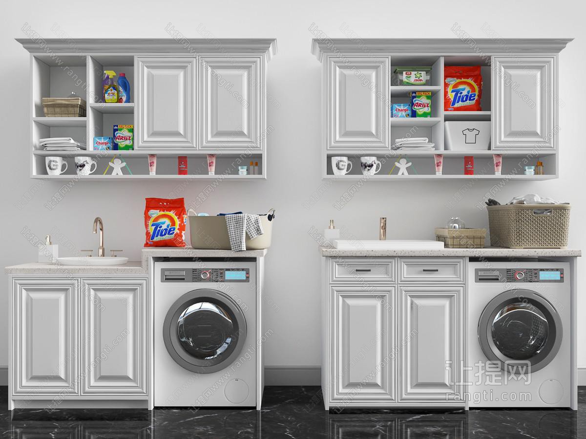 简欧嵌入洗衣机和洗手盆的储物装饰柜