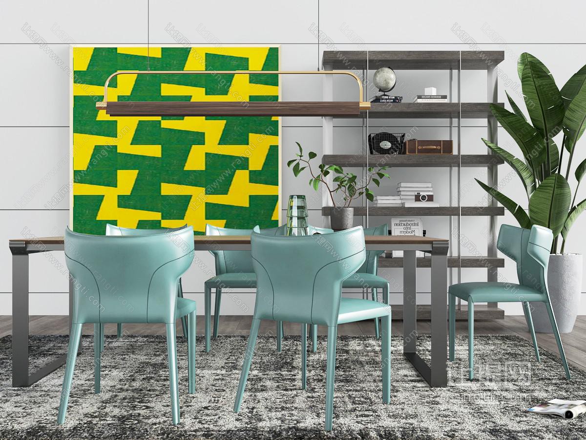 现代长方形餐桌搭配浅绿色餐椅组合