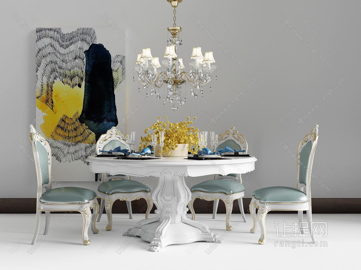 欧式古典白色实木餐桌椅组合