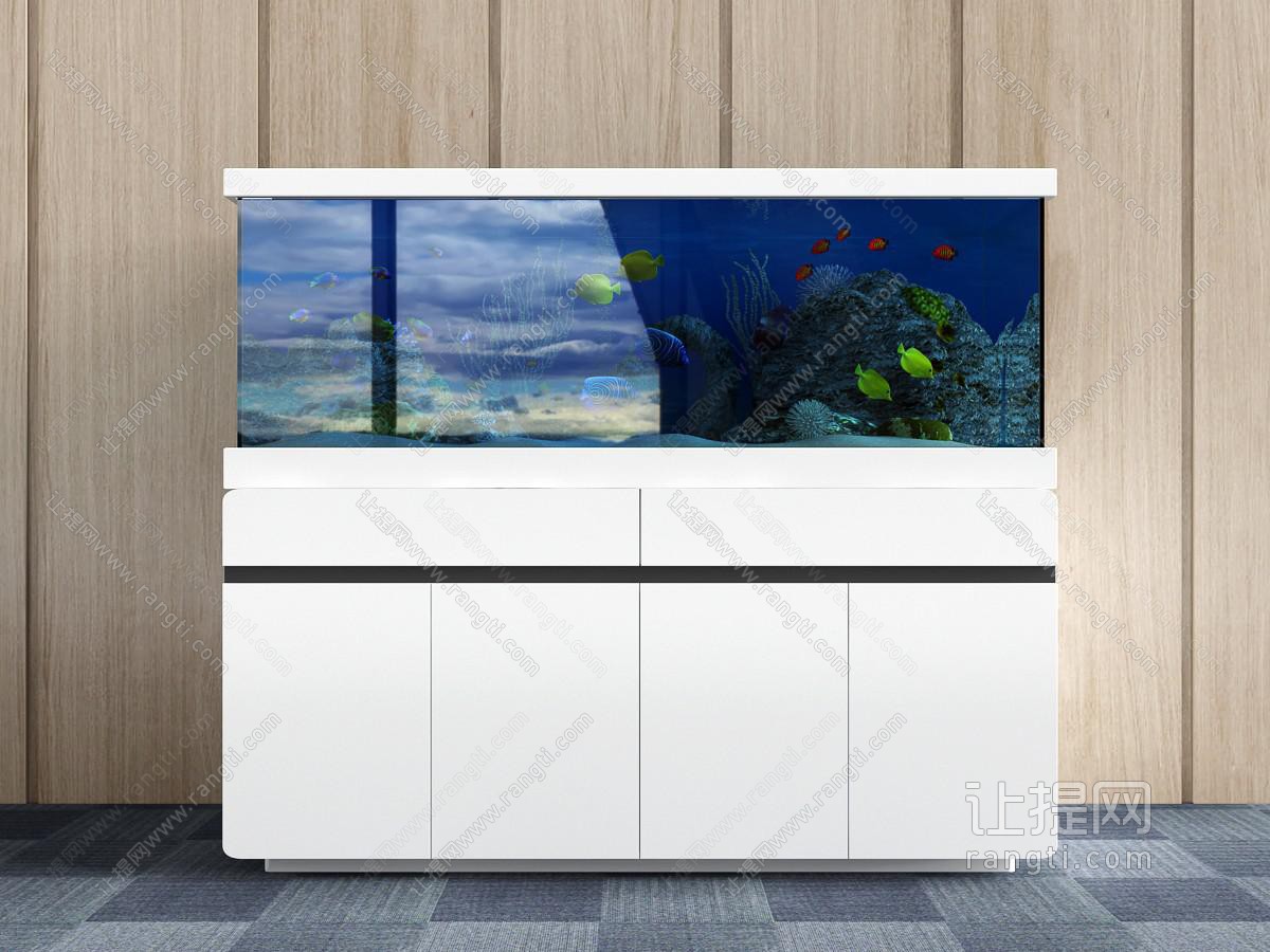 现代带鱼缸的白色收纳装饰柜