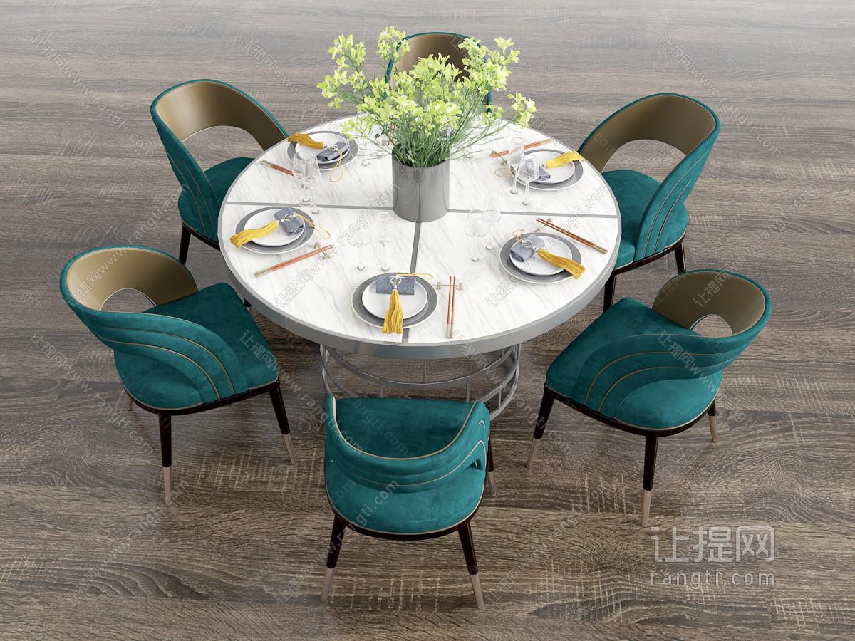 新中式大理石圆形餐桌椅组合