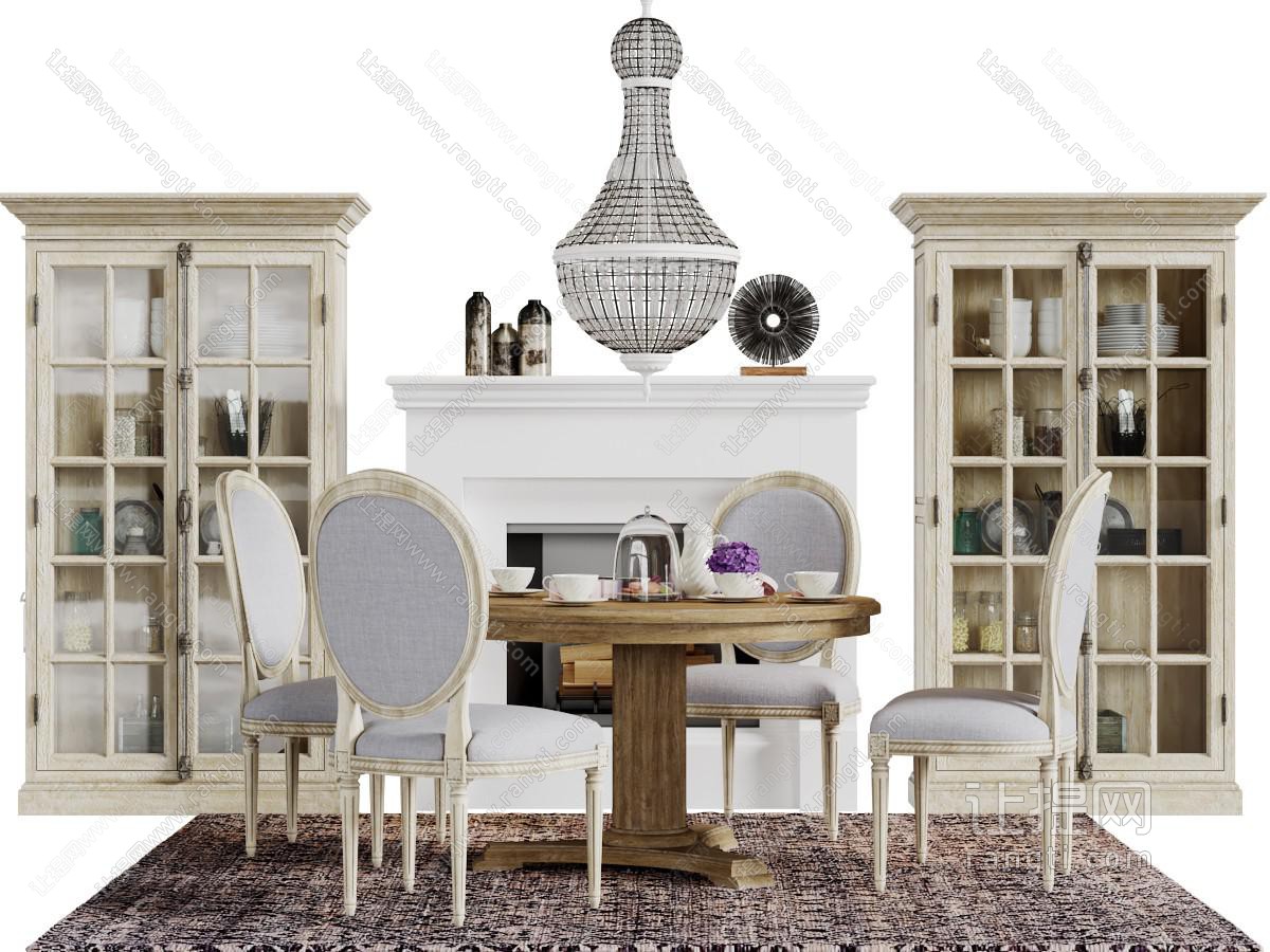 美式实木圆形餐桌椅组合装饰餐边柜壁炉