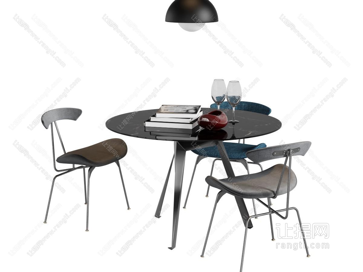 后现代灰色长方形餐桌椅组合