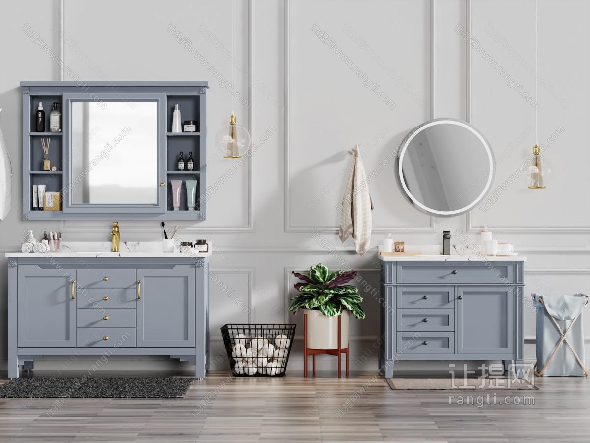 美式蓝色实木洗手台盆镜柜