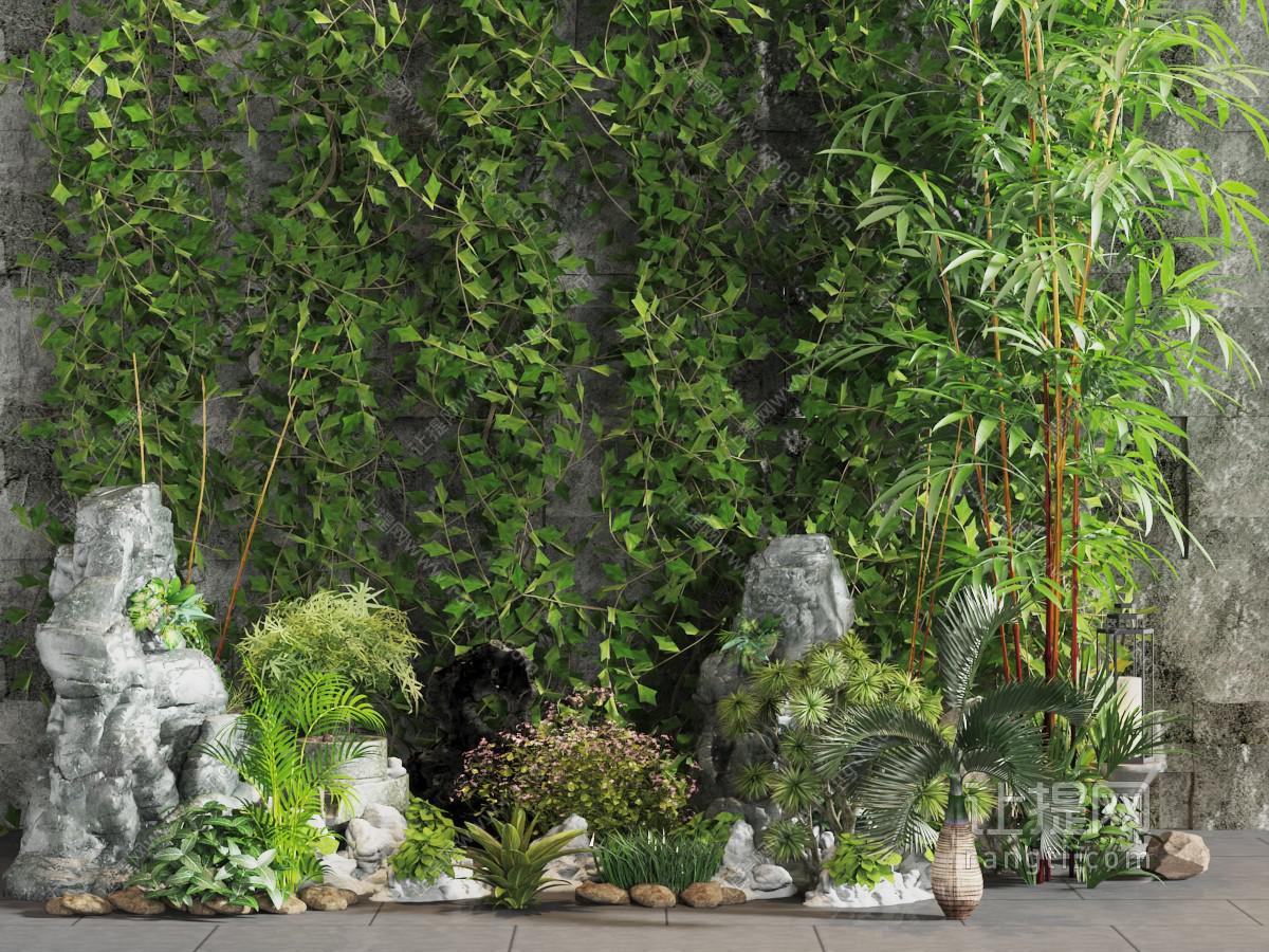 中式假山石头藤蔓植物墙园艺小品