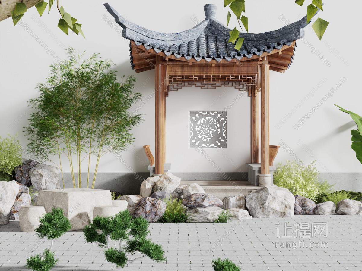 中式庭院亭子假山石头园艺小品