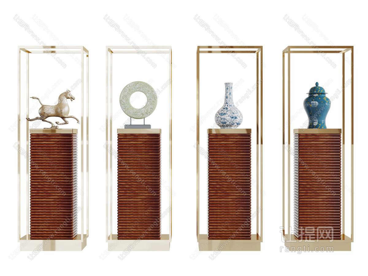 中式摆台上的陶瓷器皿马摆件组合