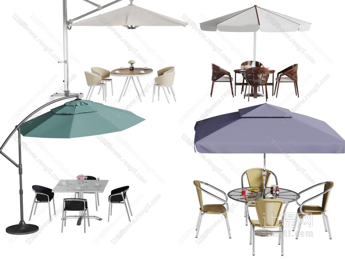 现代户外遮阳伞下的餐桌椅组合