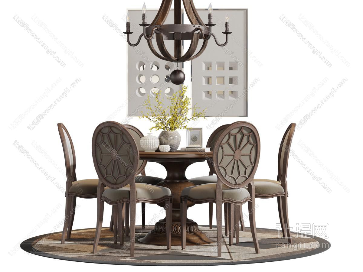 美式圆形实木餐桌椅组合吊灯