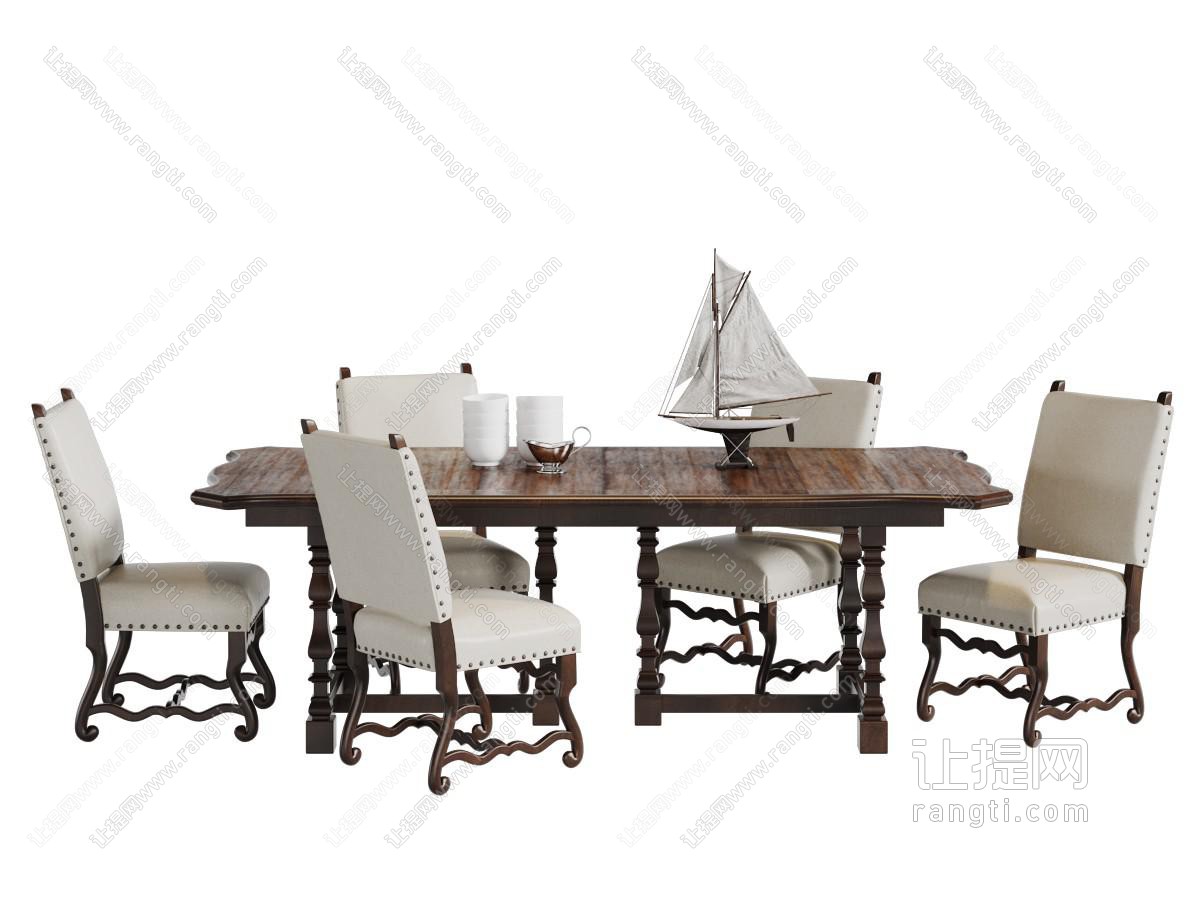 美式实木长方形餐桌搭配白色坐垫餐椅组合