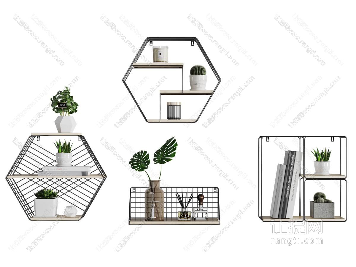 北欧六边形金属框架的墙面置物装饰架