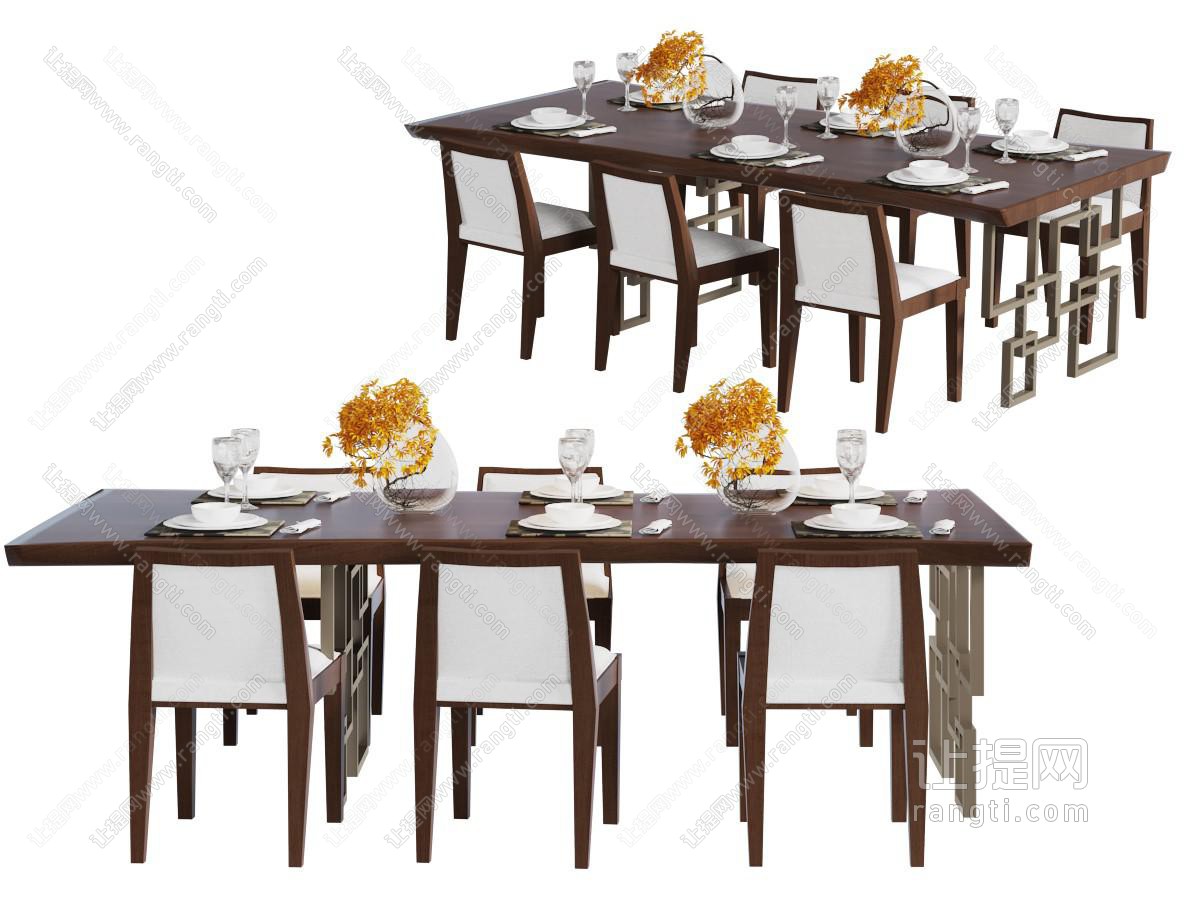 新中式长方形六人位餐桌椅组合