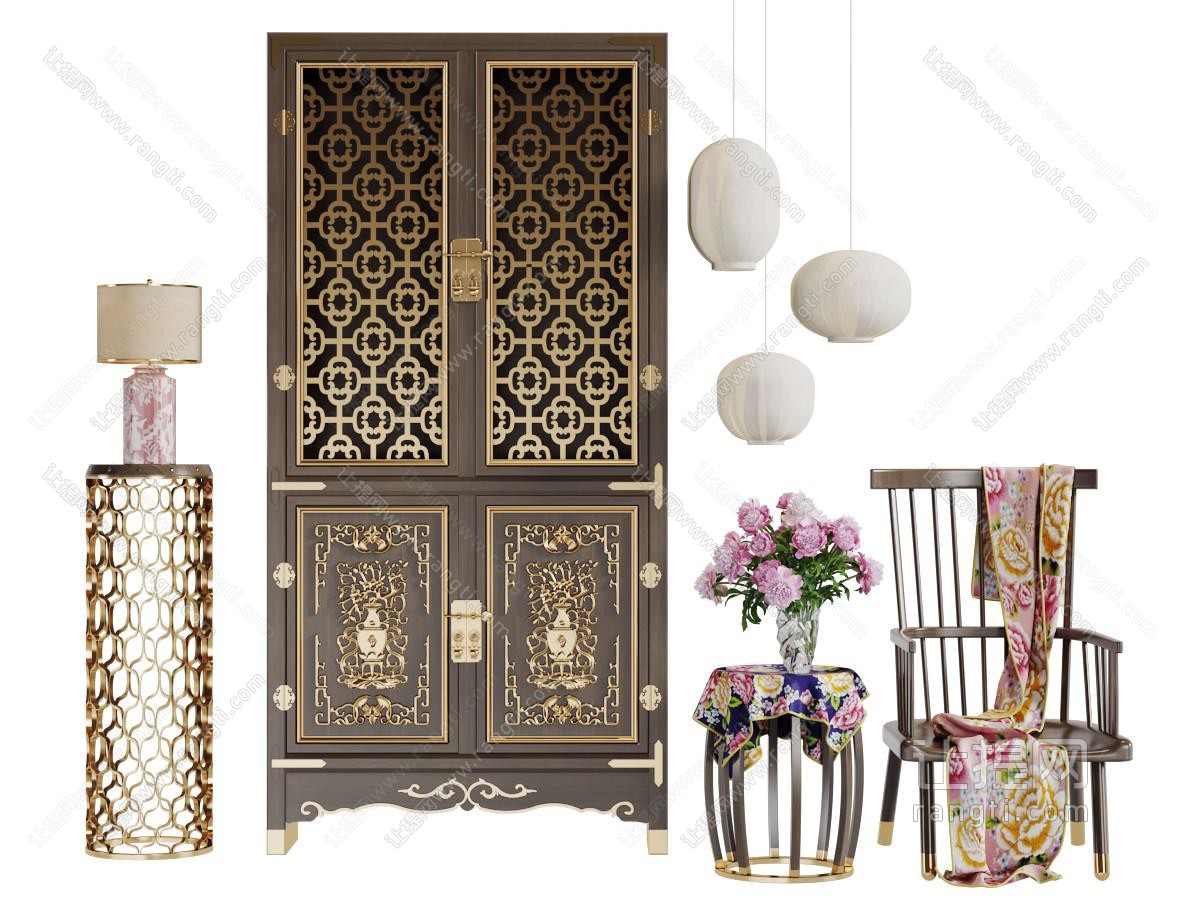 中式雕花镂空柜门的装饰柜休闲椅子