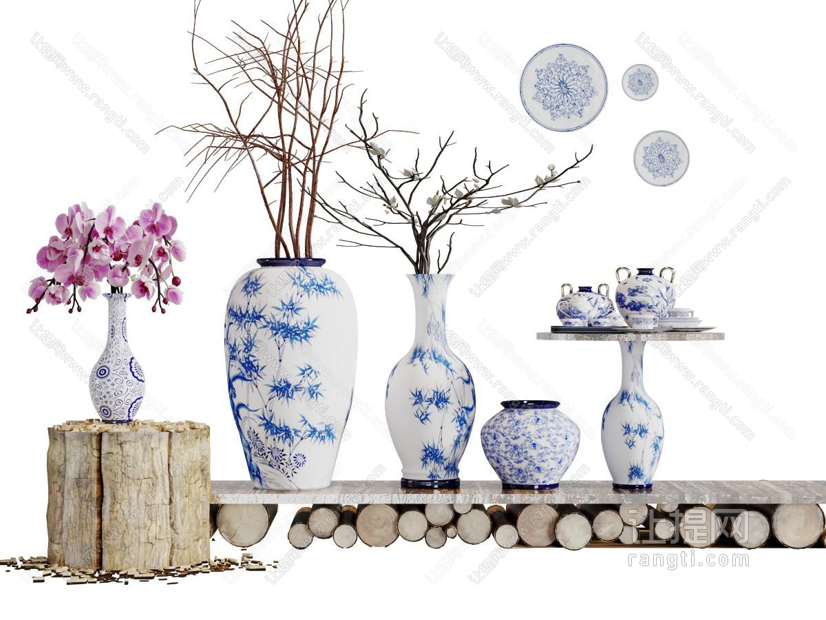 中式青花瓷花瓶干枝饰品摆件