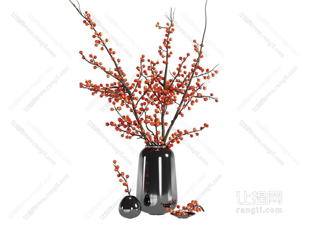 新中式黑色花瓶红豆摆件