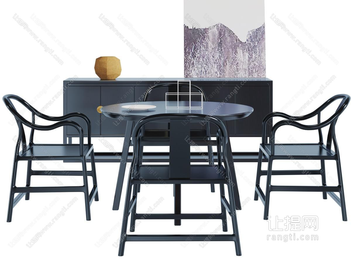 新中式黑色圆形餐桌椅组合