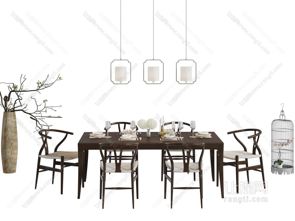 新中式餐桌椅组合鸟笼