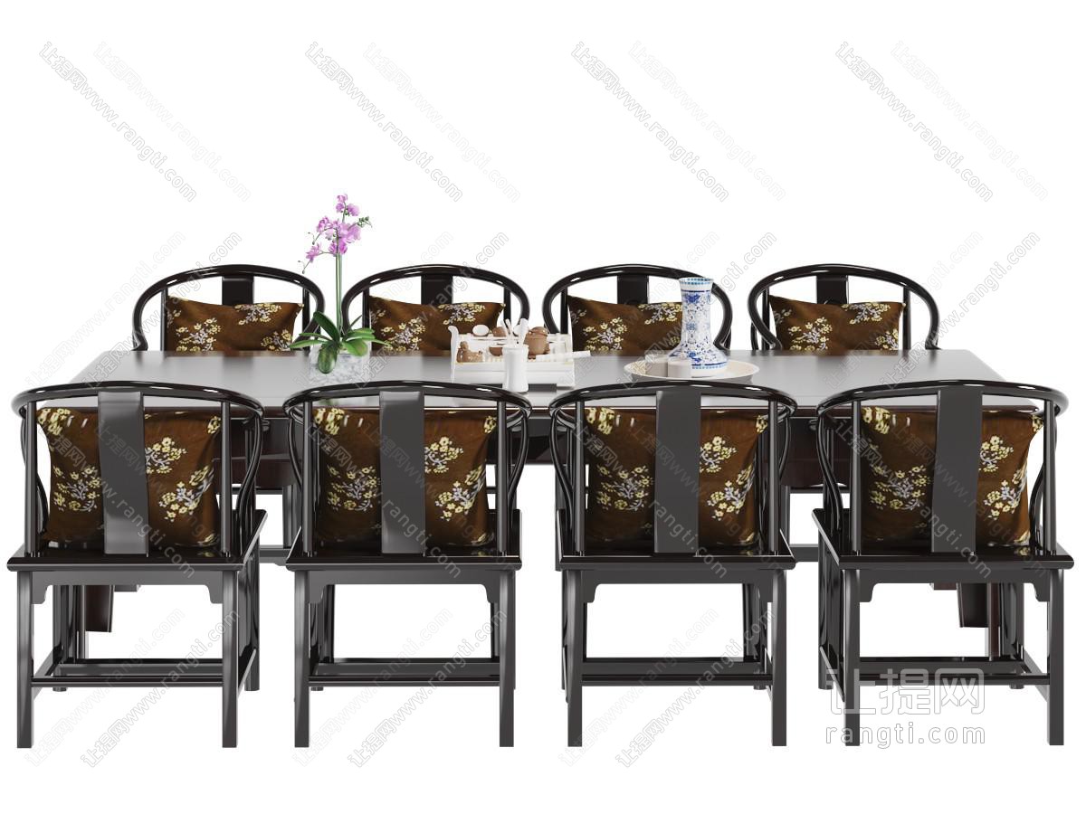 新中式长方形茶桌椅组合