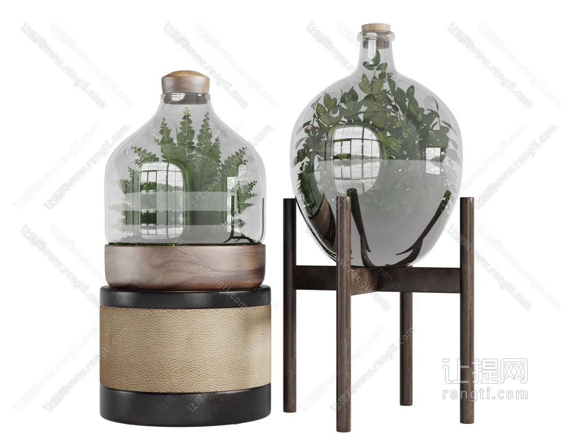 新中式玻璃花瓶里的绿色植物摆件