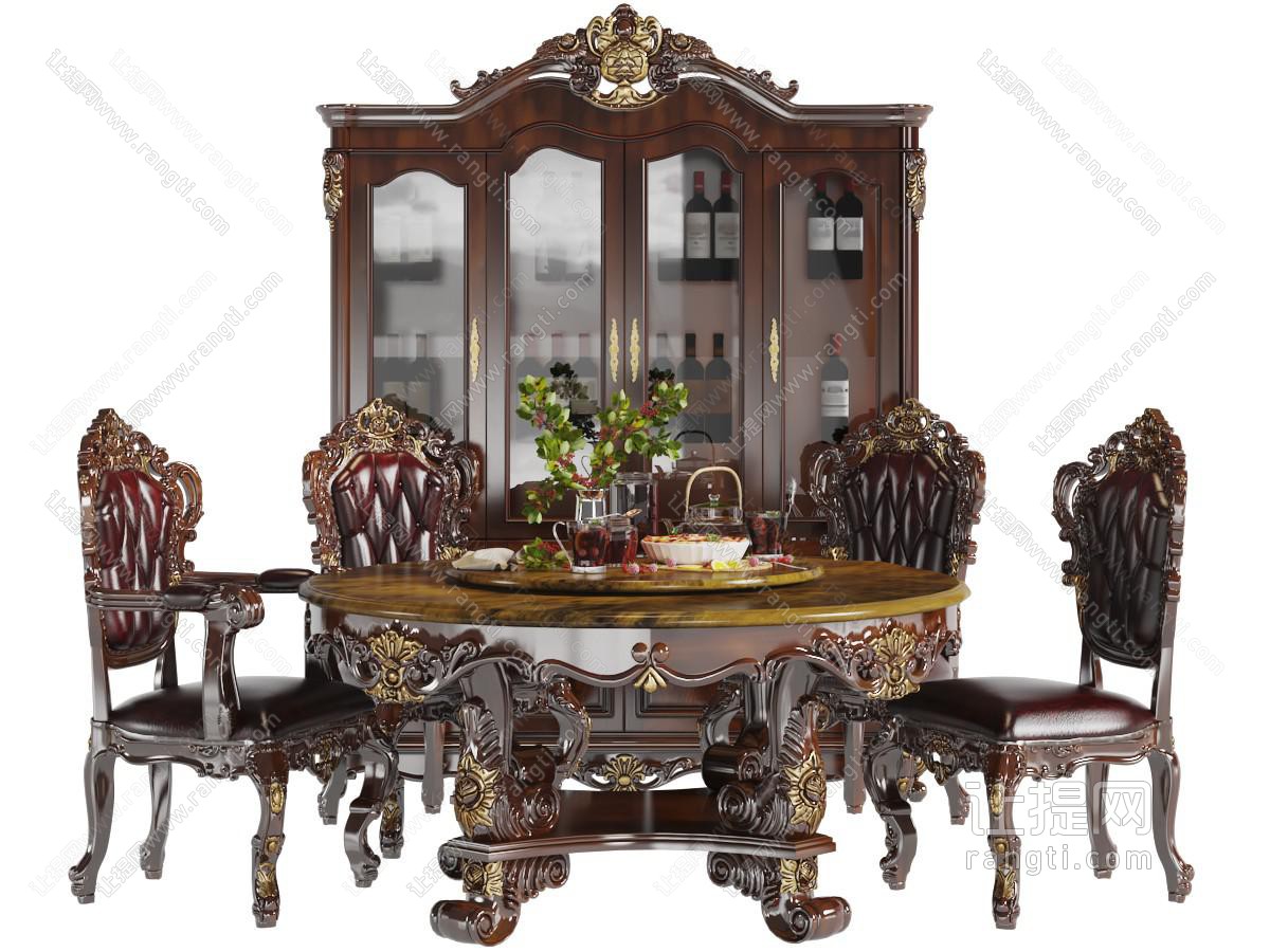 欧式古典雕花实木餐桌椅组合