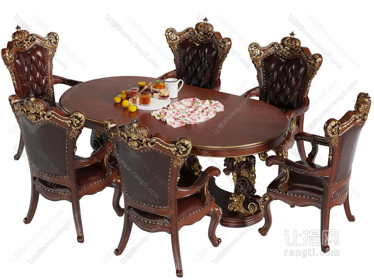 欧式古典雕花实木圆形餐桌椅组合