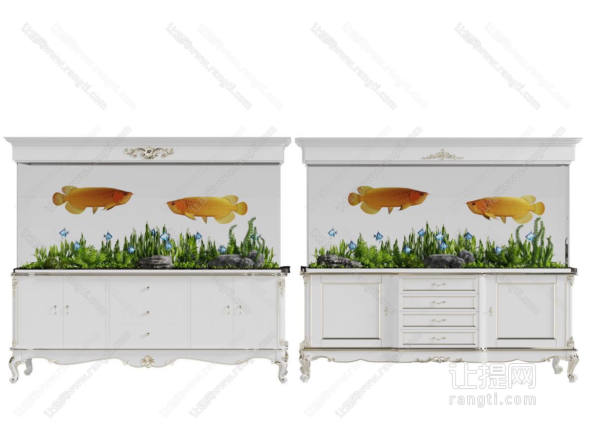 欧式白色带鱼缸水族的收纳装饰柜