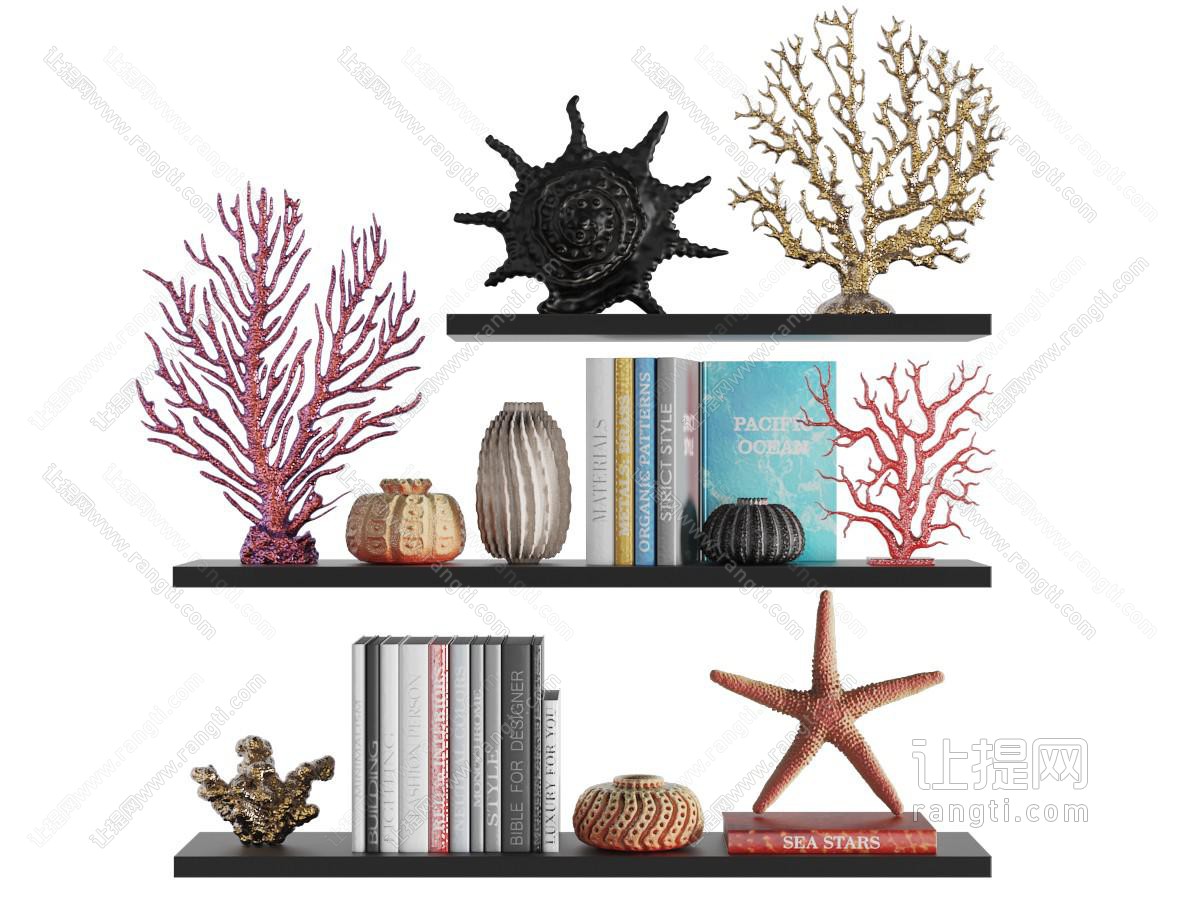 欧式实木架上的珊瑚海星书籍装饰品摆件