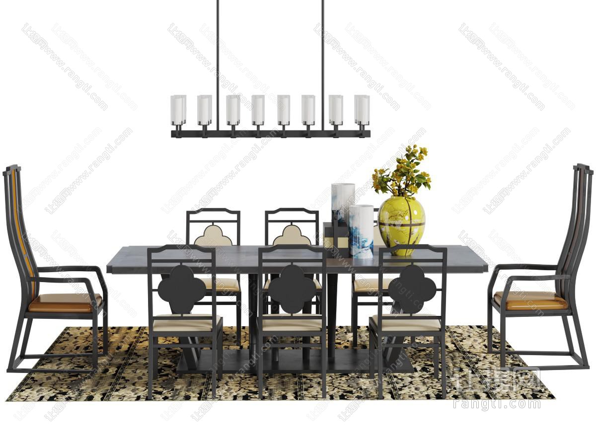 新中式黑色长方形餐桌椅组合