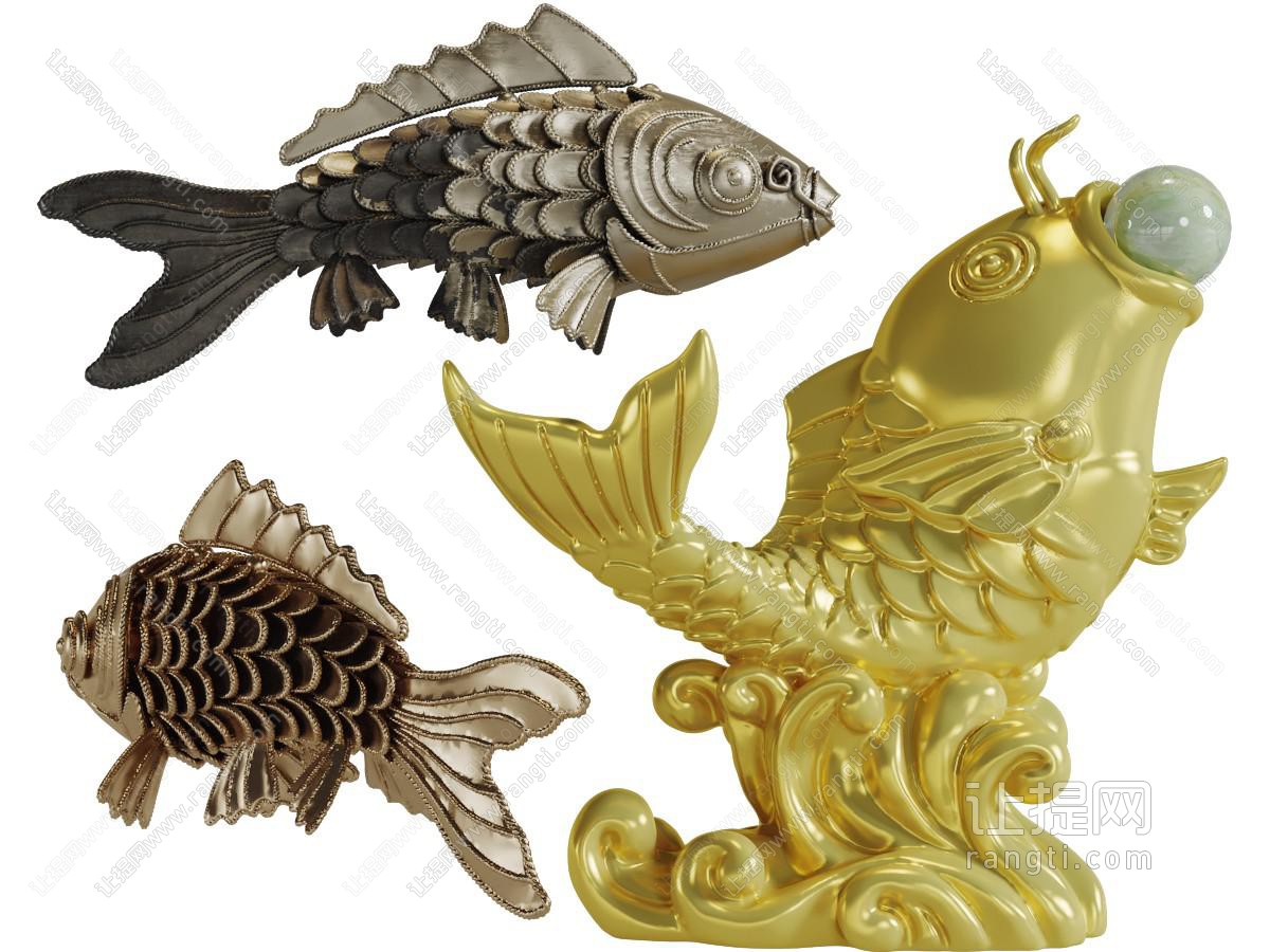 中式含着珠子的鲤鱼摆件组合