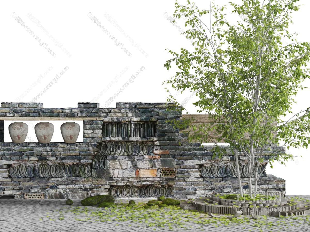 中式瓦片装饰的砖墙小树景观小品