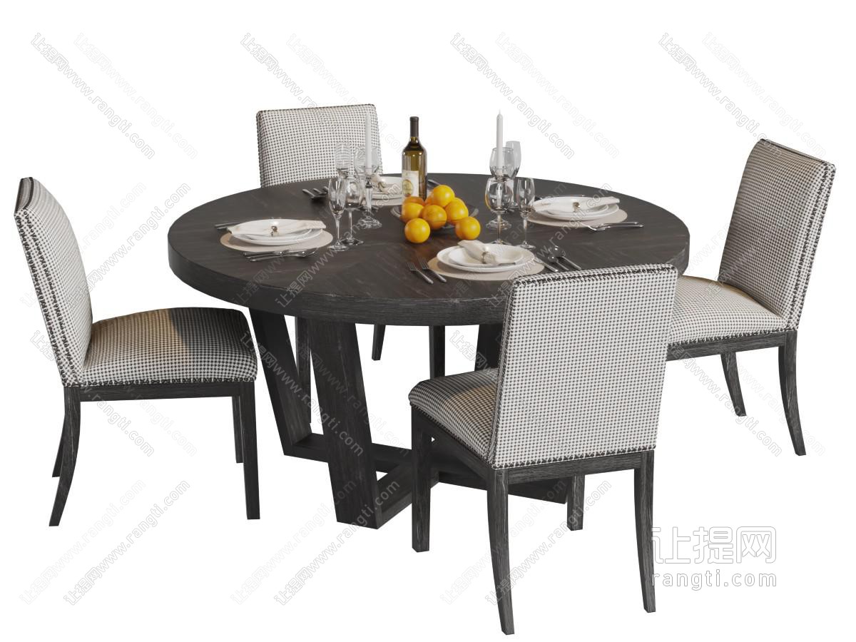 美式黑色实木圆形餐桌椅组合