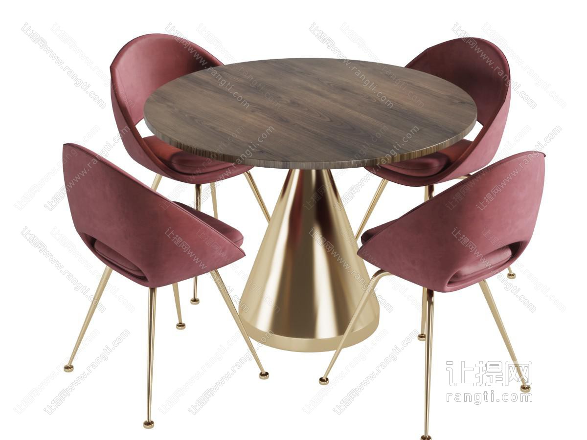现代轻奢实木圆桌酒红色椅子组合