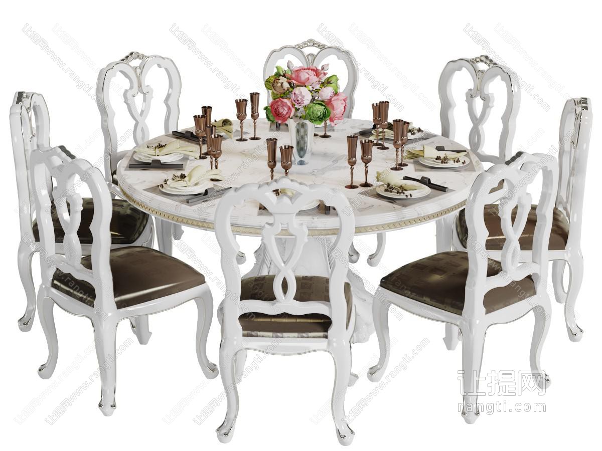 欧式白色圆形餐桌椅组合