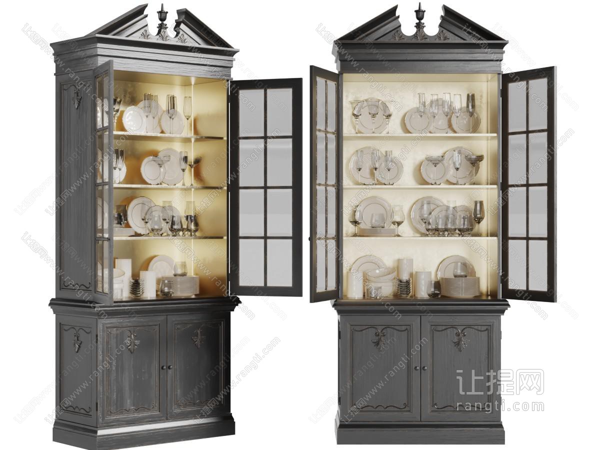欧式古典实木玻璃柜门的酒柜