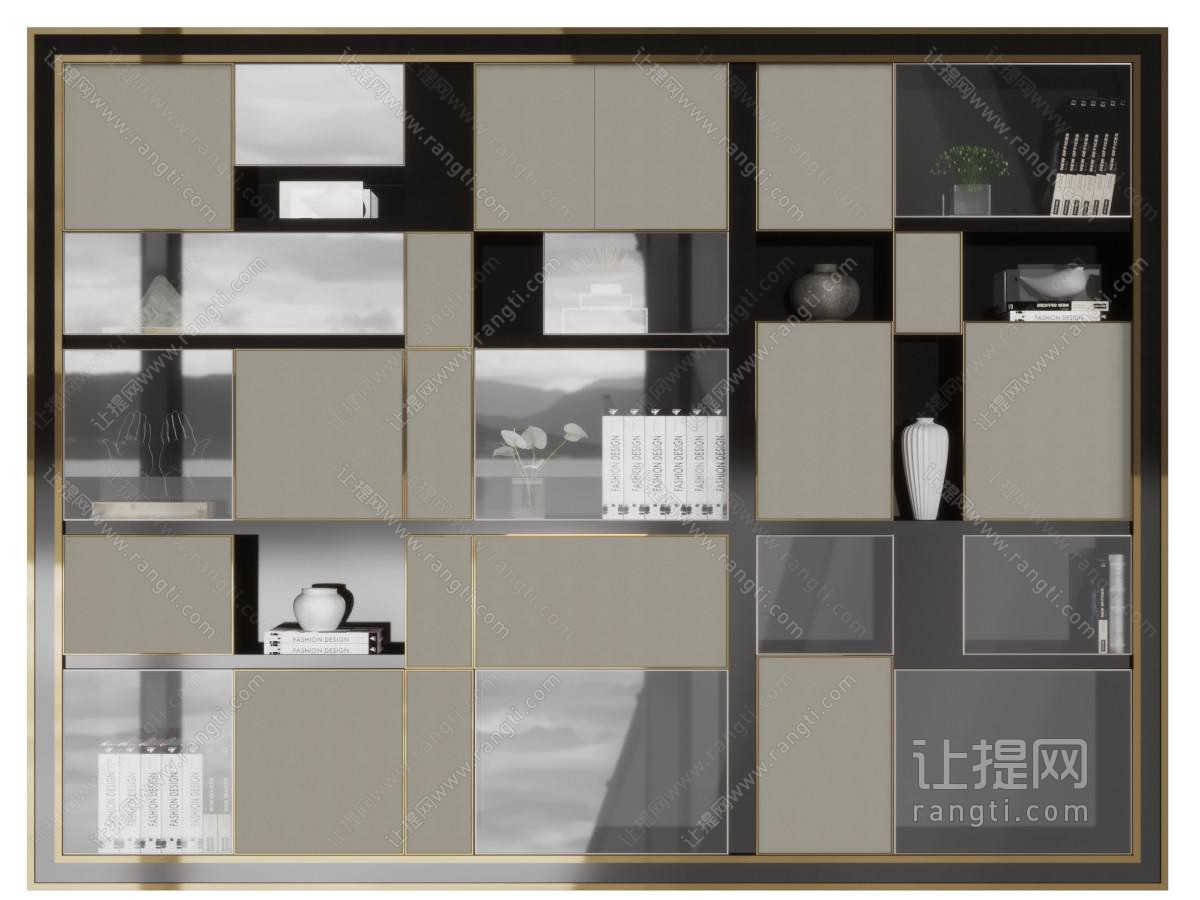 新中式几何拼接柜门的装饰柜