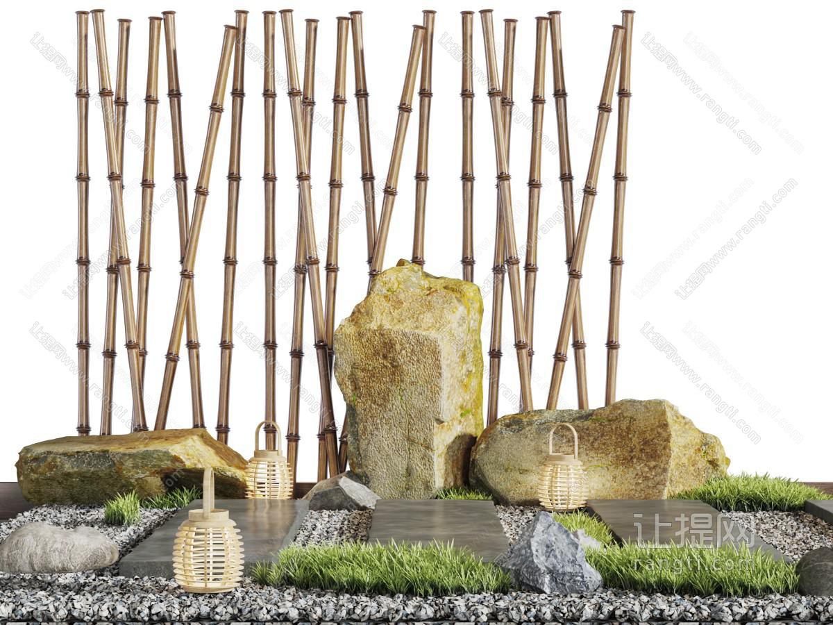 中式石头竹子景观园艺小品