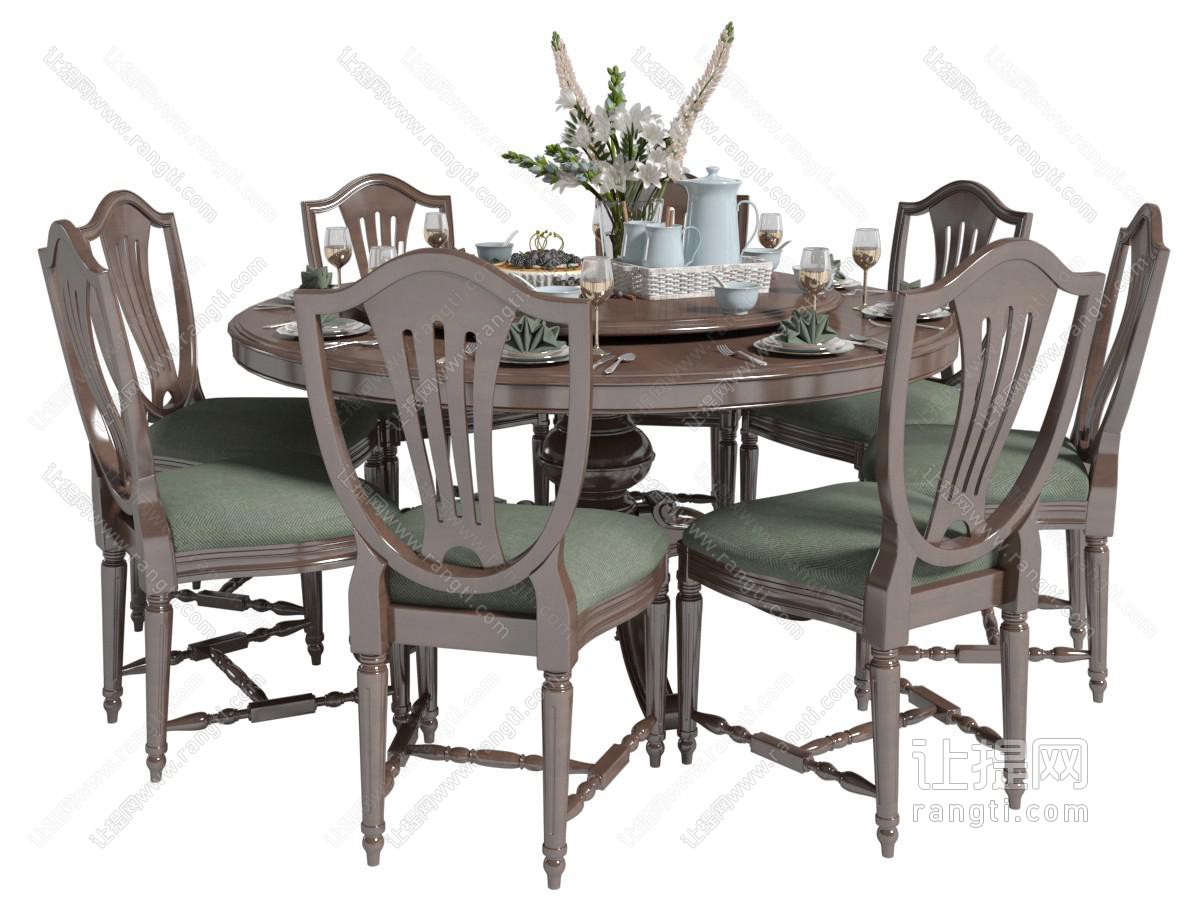 美式实木圆形餐桌椅组合