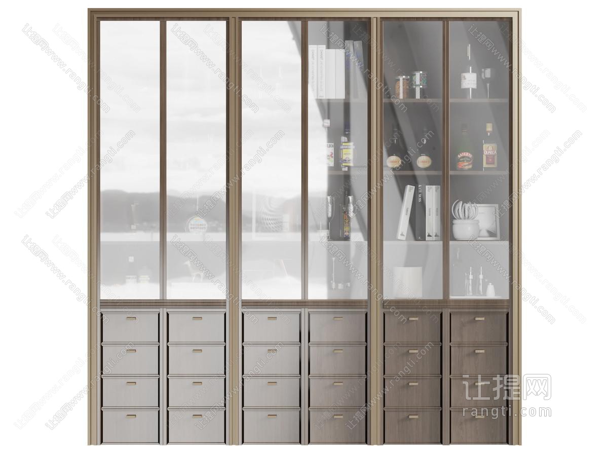 新中式实木带抽屉的玻璃柜门装饰柜