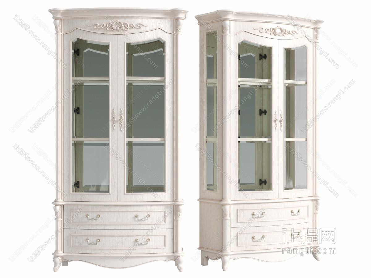 白色实木雕花双开门玻璃柜门装饰柜