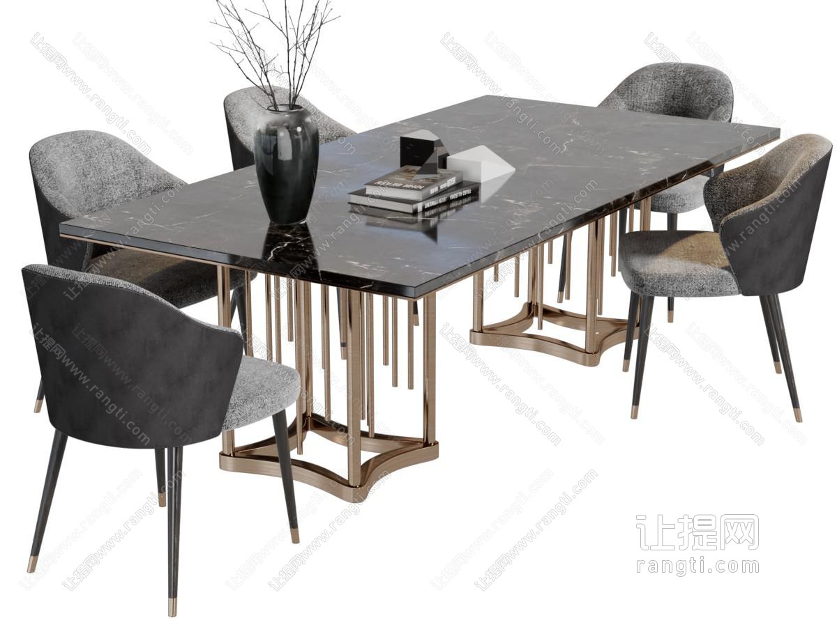 现代轻奢黑色大理石长方形餐桌椅组合
