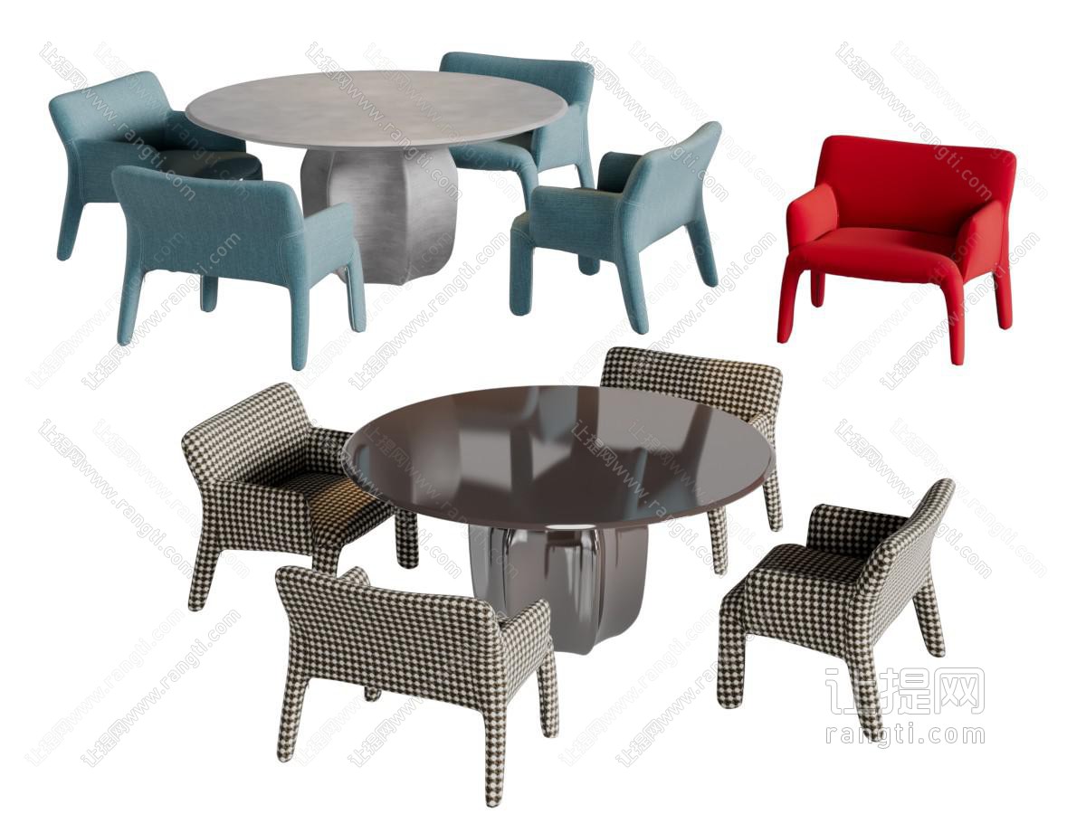 现代方格图案圆形餐桌椅组合