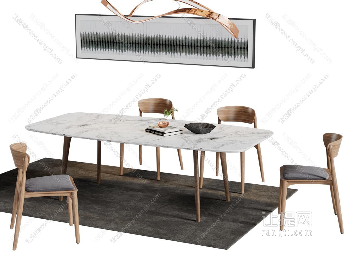 北欧大理石台面的长方形餐桌椅组合